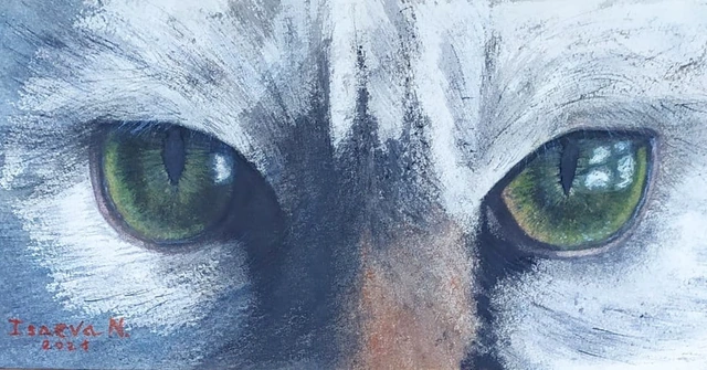 Зелёные глаза кота — акварель